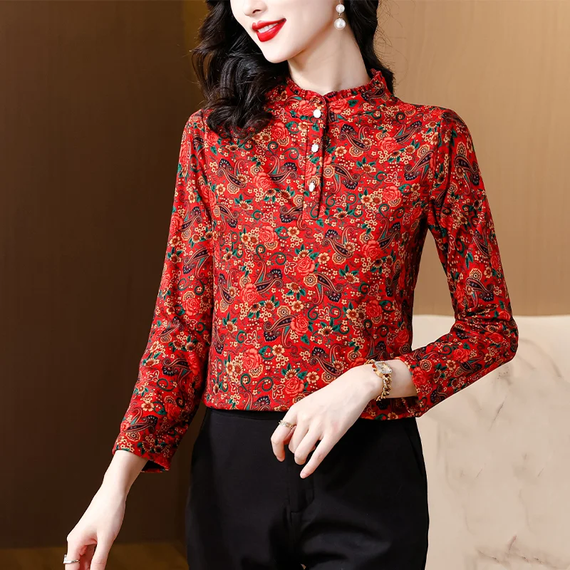 

Women Clothing Retro Printed Button Elegant T-shirt Spring Autumn Long Sleeve 2023 New Loose All-match Pullovers Female Tops