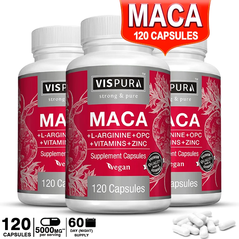 

L-Arginine Maca Root Capsules, Energy Boost Formula for Women and Men, with Vitamins B6 + B12, Proanthocyanidins and Zinc