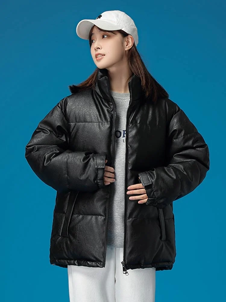 Winter Warm Thick PU Leather Coats Women Short Parkas Fashion Black Cotton Padded Down Jacket Female Winter Clothes