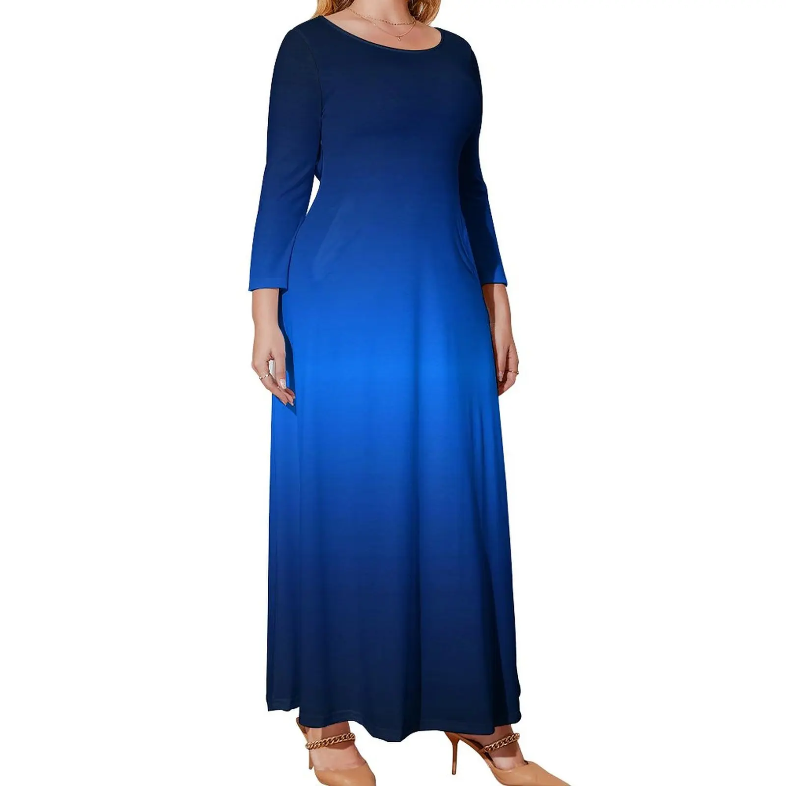 

Electric Blue Ombre Dress Minimalist Glow Gradient Elegant Pattern Maxi Dress Long-Sleeve Aesthetic Beach Long Dresses Gift