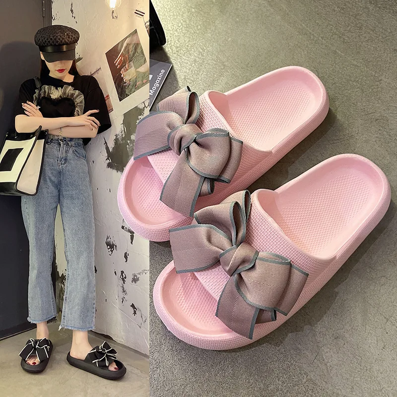 

2022 Shit Feeling Sandals and Slippers Ins Bow Thick Bottom Couple Bathroom Slippers Summer Female Eva Slippers