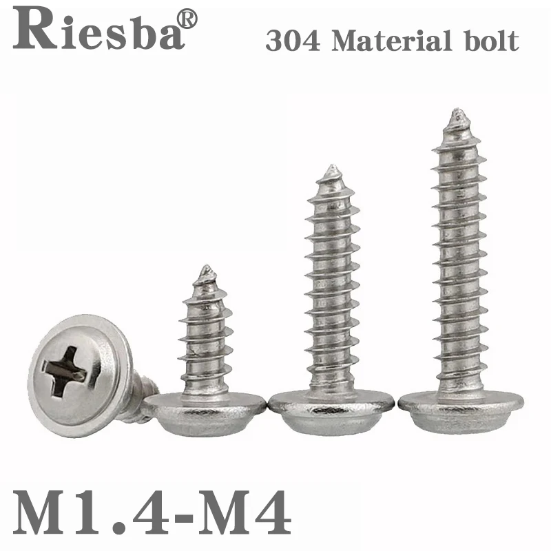 

50pcs M1.4 M1.7 M2 M2.3 M2.6 M3 M4 Cross Round Head with Washer Self Tapping Screw 304 Stainless Steel Wood Screws
