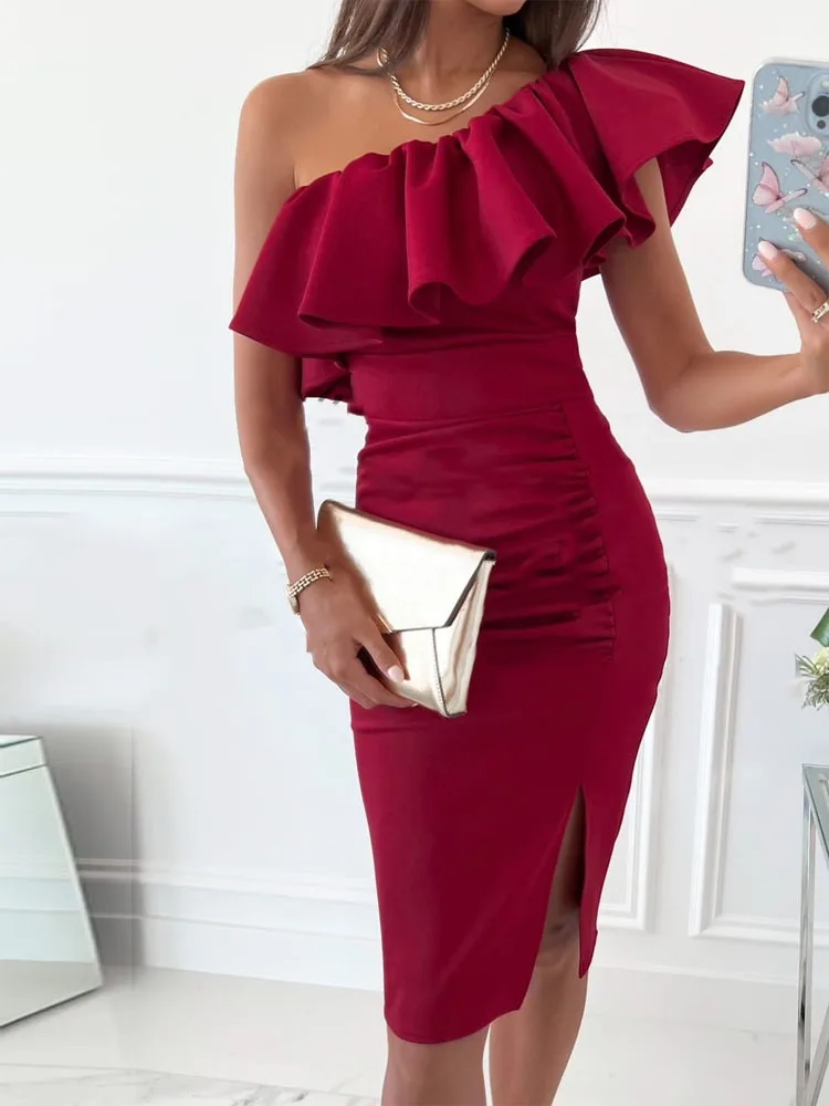 

Летнее однотонное платье на одно плечо с оборками, элегантное Плиссированное приталенное платье с воротником-лодочкой и разрезом, модное ж...