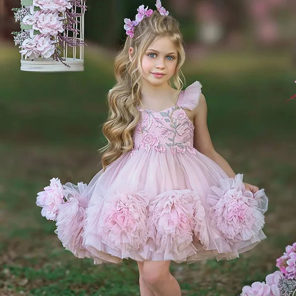 

Knee-Length Flower Girl Dress Appliques Flowers Tulle Kid Birthday Princess Dresses Puffy Child Dress Cute Kid First Communion
