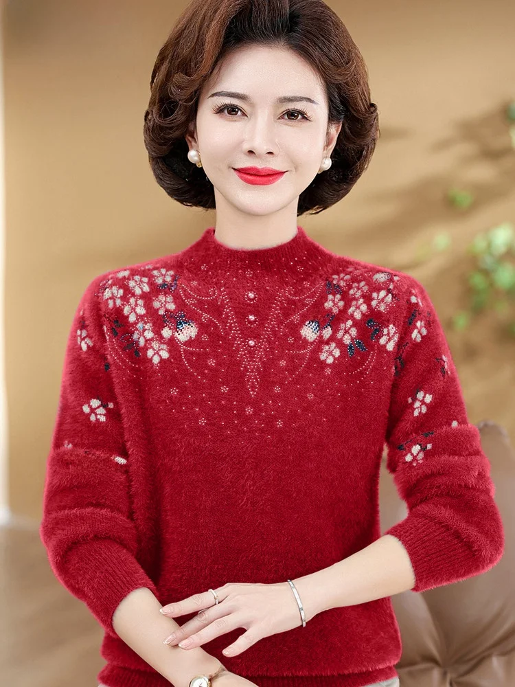 Осенне-зимняя одежда для мам. Норковый бархатный утолщенный свитер. Женская