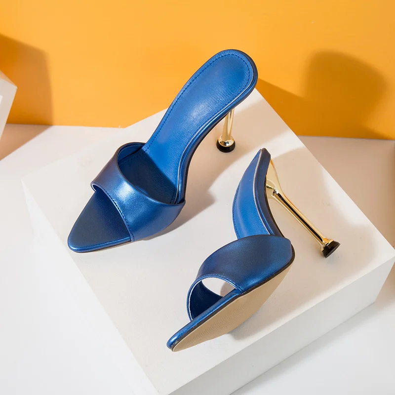 

Women Slippers Fashion Metal Stiletto High Heels Summer Party Sandals Pointed Toe Ladies Pumps Slides Shoes Size 35-42