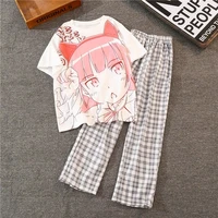 anime t shirtsplaid pants 2 piece sets women harajuku teens girls casual tracksuits summer japanese students matching sets top