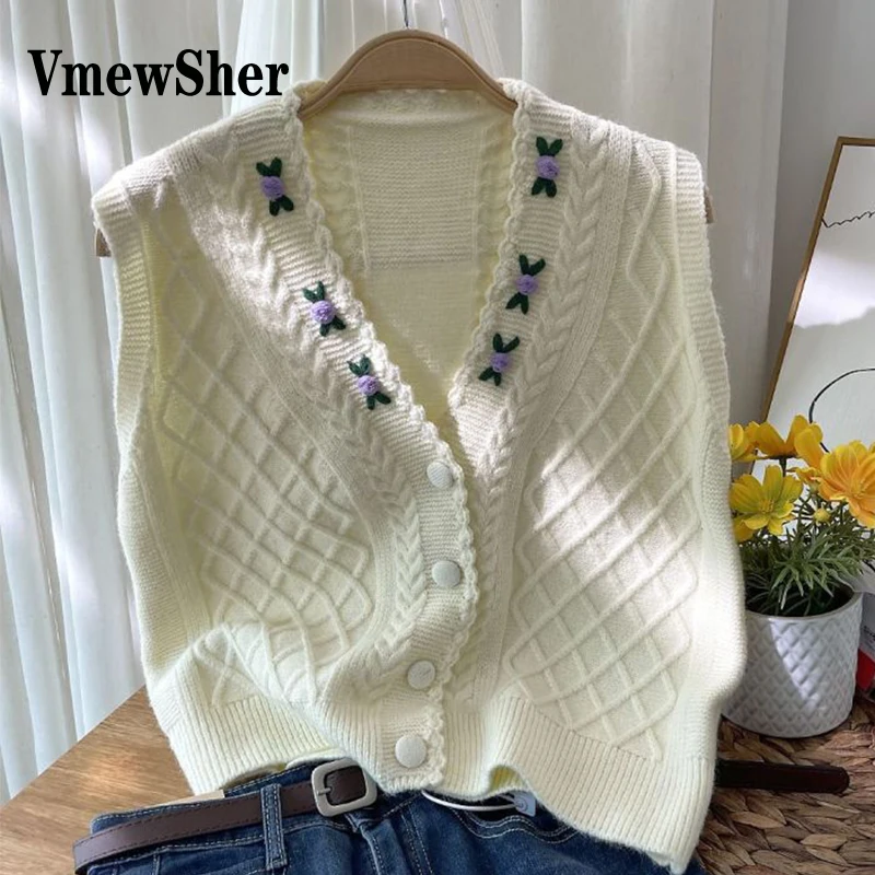 

VmewSher Plaid Knitted Vest Women Autumn Spring Cute Puffy Yarn Ball Decorate V-neck Outwear Sleeveless Sweater Single Breasted