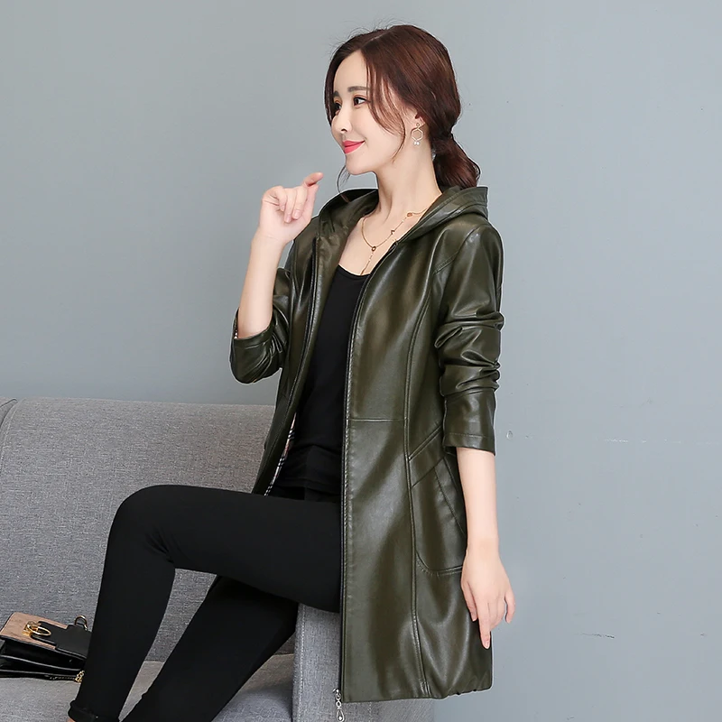 Women's Walker Mid-Length Leather Coat Office Casual Faux Leather Blazer Jackets Loose Suit Fit with Hood