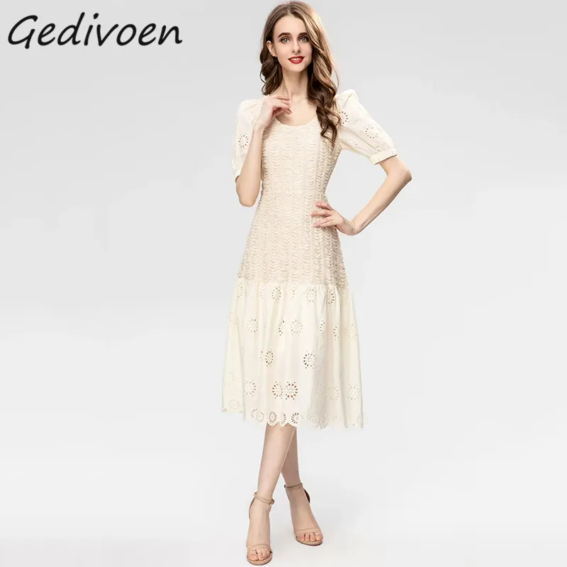 

Летнее модное дизайнерское Сетчатое платье Gedivoen, женские винтажные бежевые платья миди с круглым вырезом, коротким рукавом, рюшами и вышивкой