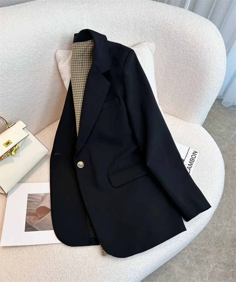 2023 New Spring Autumn Plaid lining Splicing Black Blazer Coats Women's Clothing Casual Street Blazers Suit Jackets  AC760
