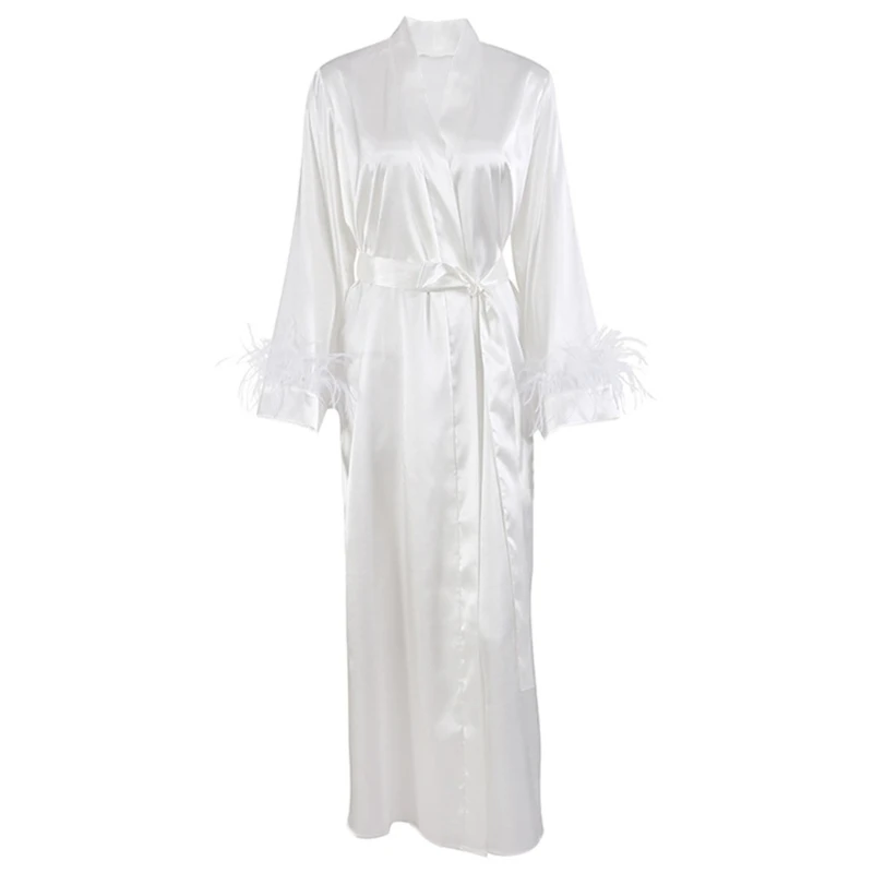 

Feather Trim Long Sleeve Satin Robe Women Full Length Nightgown Wedding Bathrobe