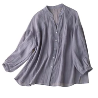 oversized woman shirts ramie v neck beach style solid long sleeve blouse raglan sleeve single breasted
