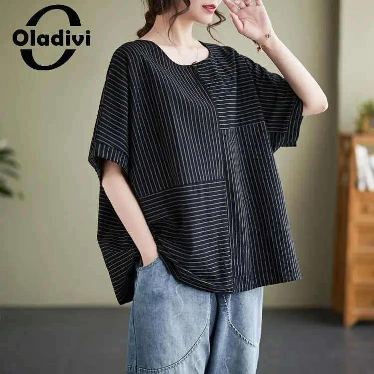 

Oladivi Fashion Striped Large Size Women Casual Loose Blouses 2023 Summer Oversized Shirts Ladies Big Top Tunics Blusas 6XL 1900