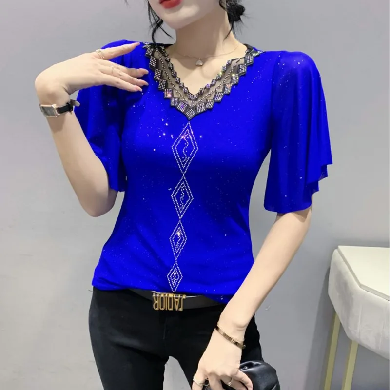 

#5994 Flare Sleeve T Shirt Women V-neck Diamonds Bright Mesh T Shirt Female Black Red Blue Sexy Elastic Womens Tshirt Summer2023