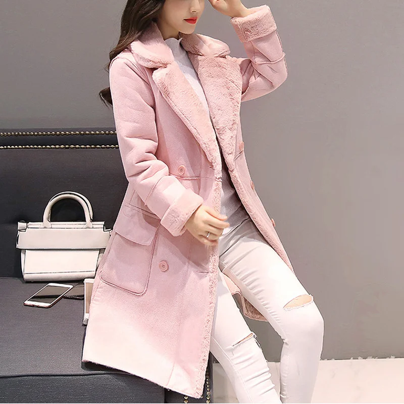 Women's Winter Warm Velvet Padded Faux Suede Long Coat Slim Solid Lapel Coat Parka Winter Jacket Women's Double-breasted Jacket