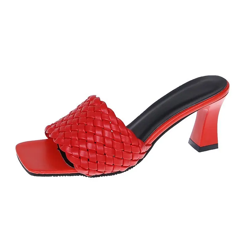 2023 Large Size Slippers Summer Fashion Square Head Woven Medium Heel Fish Mouth Solid Color Shallow Mouth High Heels