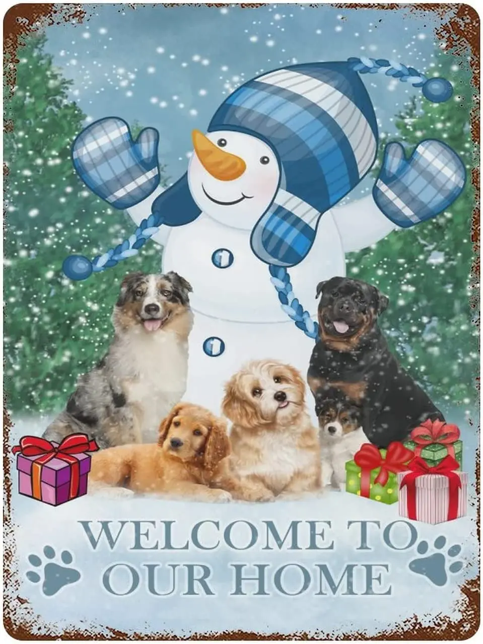 

Металлические знаки, забавные, добро пожаловать в наш дом, алюминиевая вывеска 12x16 дюймов, милые собаки и снеговик, искусственная кожа, винтажный декор для бара