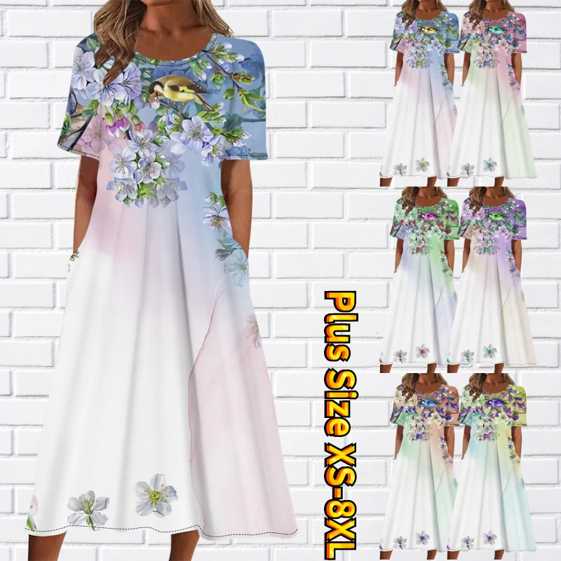 

Женское платье с коротким рукавом, круглым вырезом и карманами