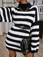 noosgop classic black white strips elastic turtle neck knit pullover h shape loose fit mini dress womens autumn winter clothing
