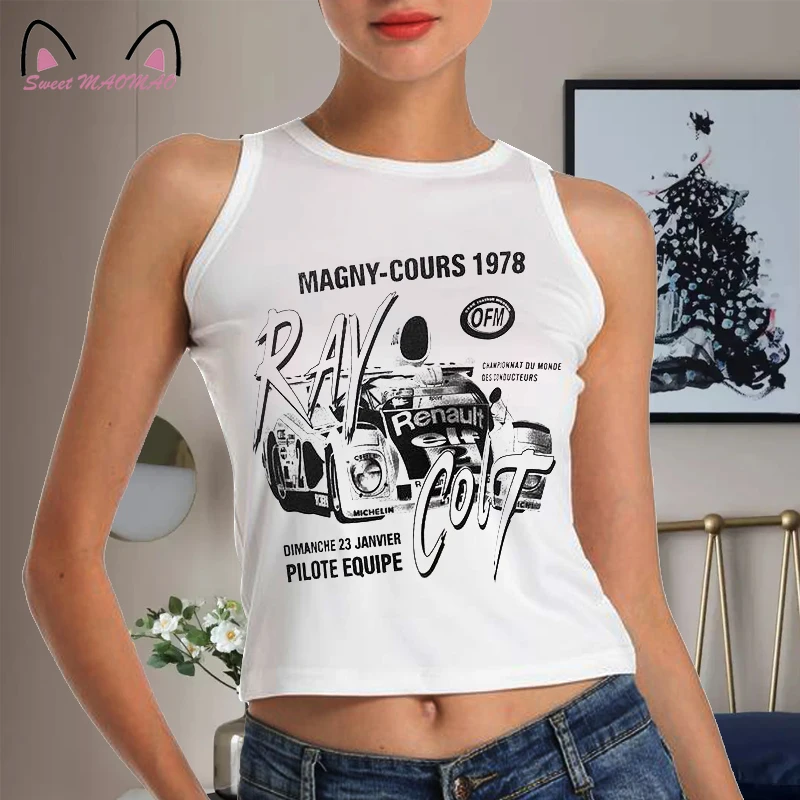 

Gothic Y2K Car Letters Graphic Print Tank Top Women Sleeveless Bodycon Crop Top Women's Streetwear Tops Tee Basic Vest Shirt