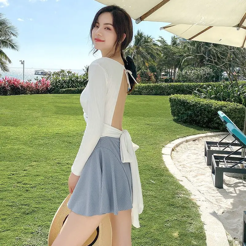 

Swimsuit Women One Piece Summer 2022 Covering Belly Slimming With Chest Pad Skirt Sexy Student Long-Sleeved Open Back Swimwear
