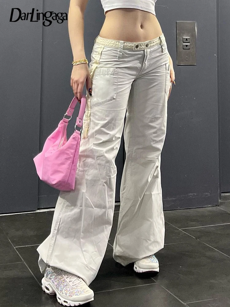 

Darlingaga Y2K Harajuku White Low Waist Flare Pants Sweatpants Pockets Streetwear Baggy Trousers Retro Summer Cargo Pants Women