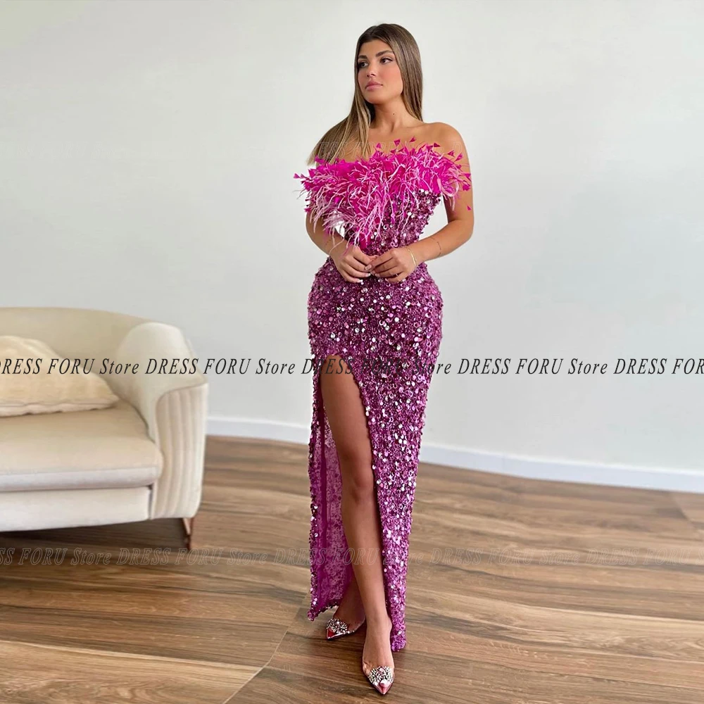 

Pmwrun Glitter Prom Dresses Long Luxury 2022 Purple Velour Sequin Starpless With Feather Evening Party Gown Slit Formal Gala