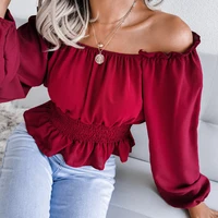 blouses for women spring autumn new fashion sexy one word neck off shoulder hem ruffled chiffon shirt top blusas para mujer