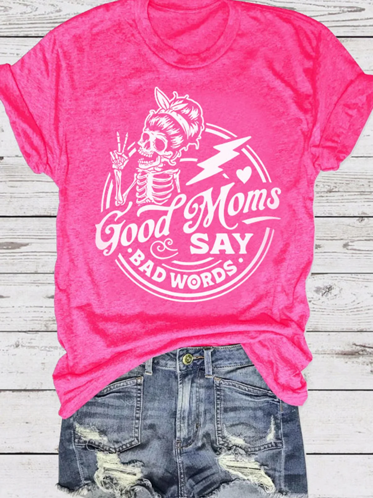 

2023 Autumn Good Moms Say Bad Words Skeleton T-Shirt Tee Pink Causal O-Neck Basic Women High Quality Classical Printing Tops