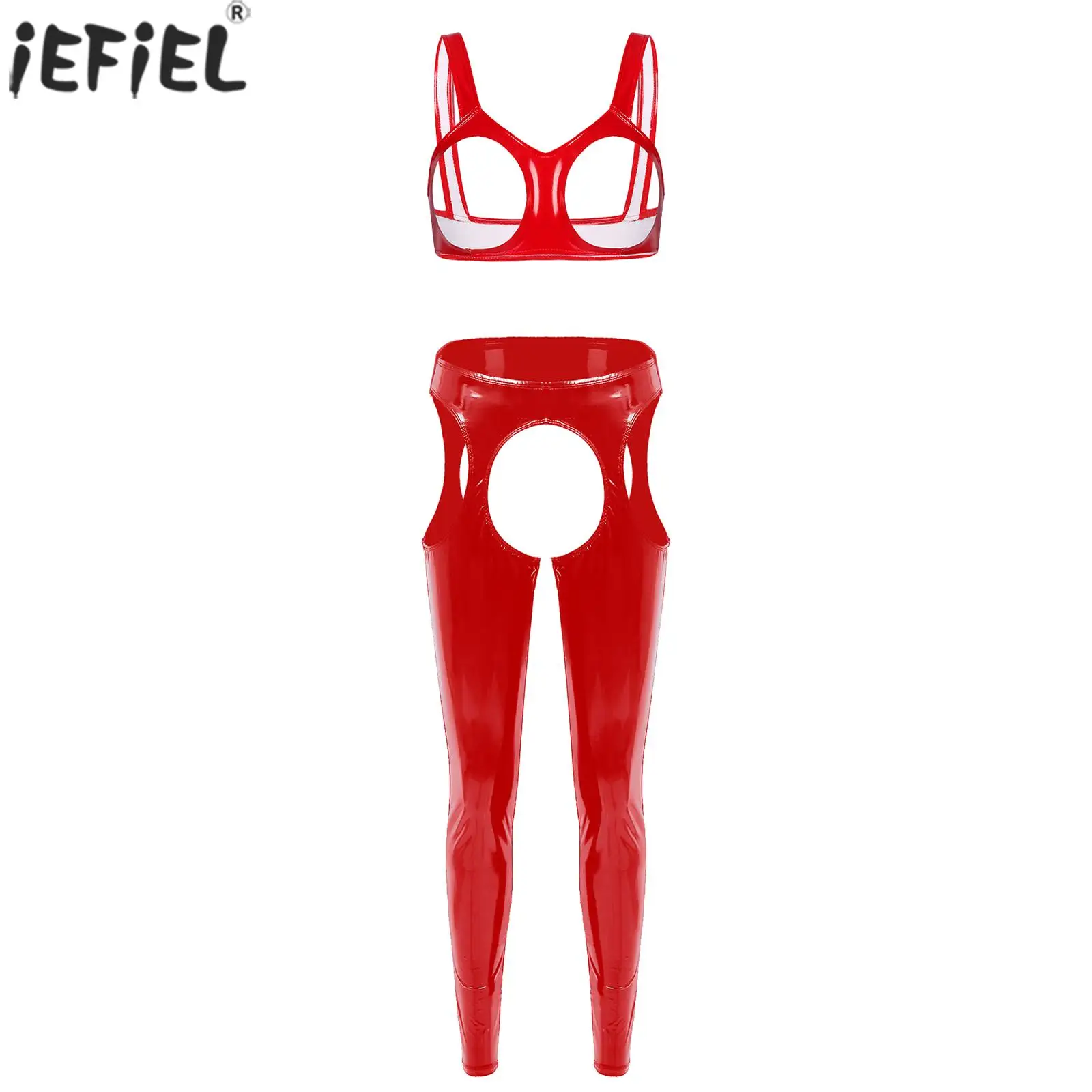 

Womens Glossy Leather Lingerie Set V Neckline Sleeveless Open Cups Bra with High Waist Crotchless Open Butt Leggings for Party