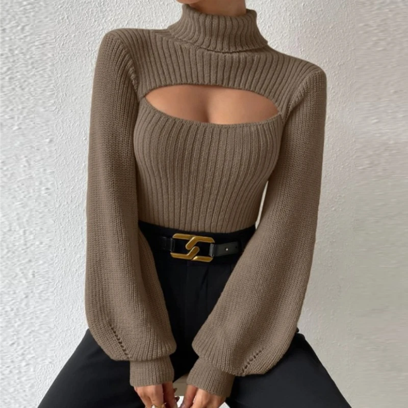 

Женский трикотажный пуловер с высоким воротником, Однотонный свитер с длинным рукавом и вырезами, облегающая одежда, осень-зима 2023