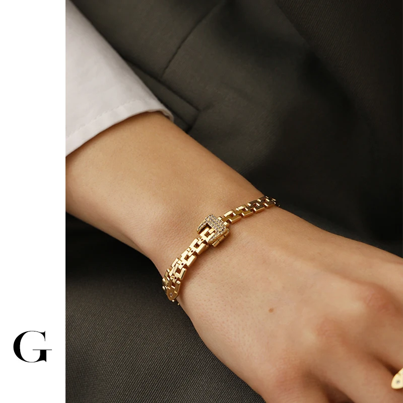 

Ghidbk Luruxy Golden Metal Watch Strap Buckle Bangle for Lady Women's Gorgeous Designer Jewelry Statement Wide Bangles