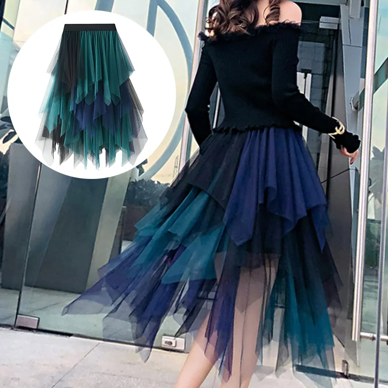 

Spring And Summer New Products Color-Blocking Mesh Multi-Layer Irregular All-Match Elastic Waist Skirt Design Sense