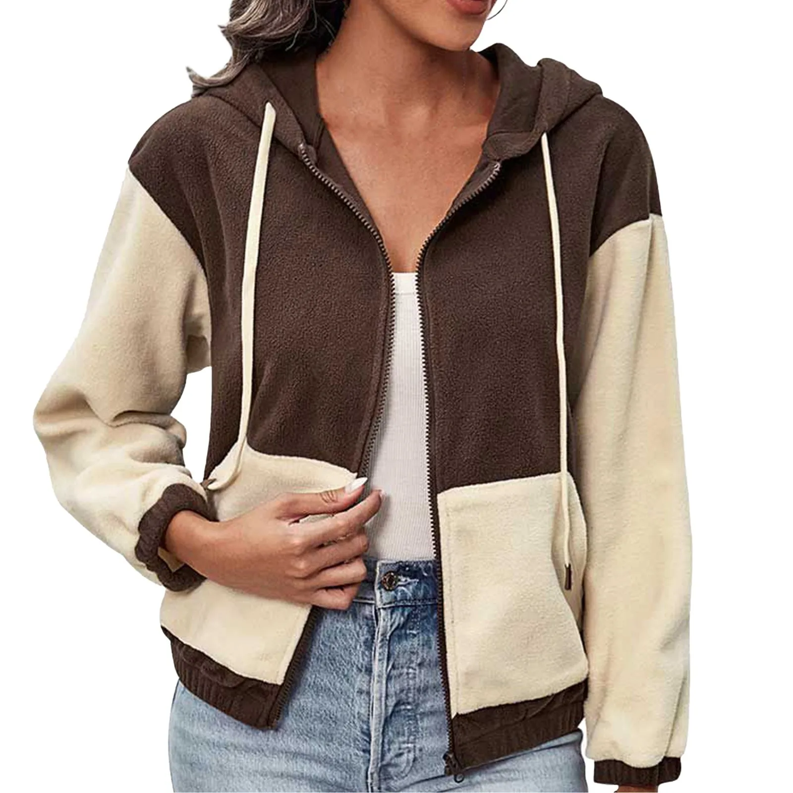 

Women's Loose Casual Jacket Patchwork Color Contrast Zippered Cardigan Coats Female Simple Short Outwear Tops