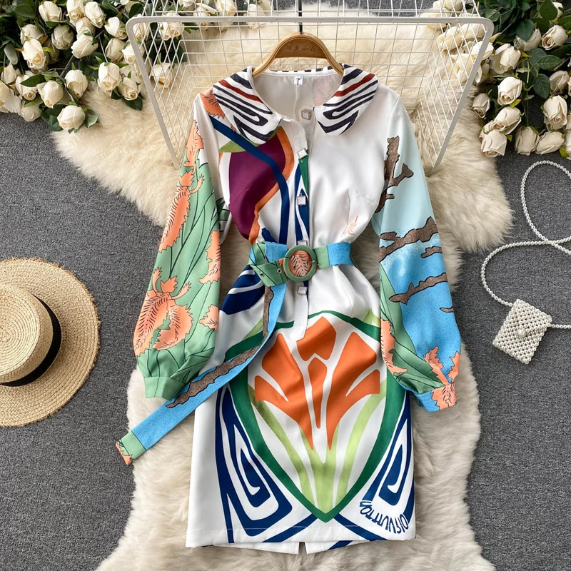 

Spring Design Irregular Printing Puff Sleeves Dress Women Dresses Summer 2022 Elegant OL Dress Party vestidos Robe 220273