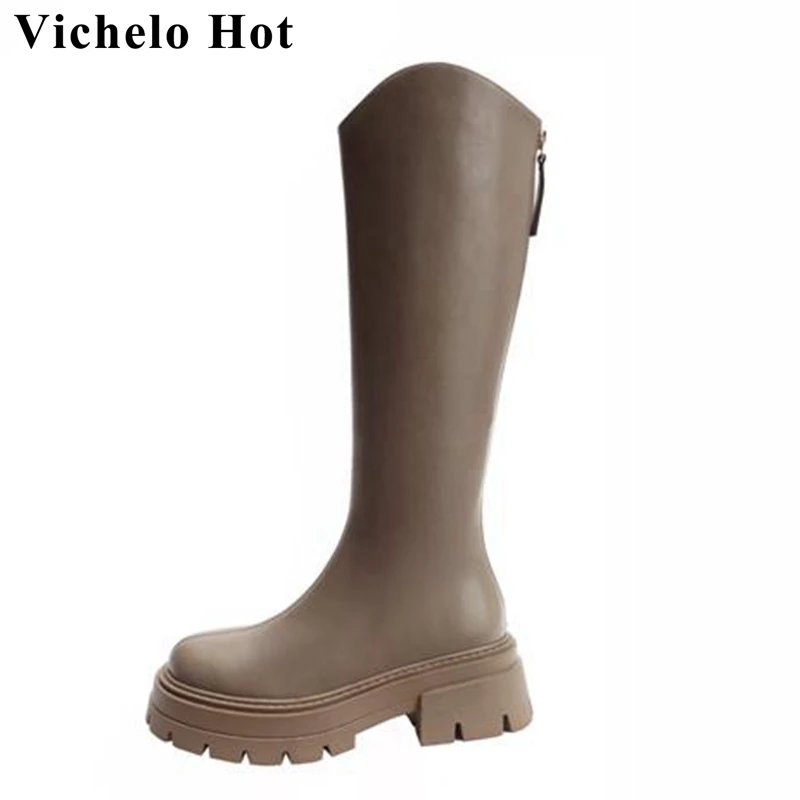 

Vichelo Hot New Full Grain Leather Round Toe Med Heels Knight Boots Thick Bottom Leisure Kpop Style Rage Zipper Thigh High Boots