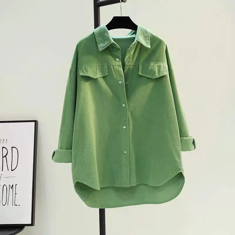 

Avocado green blouse female mid-length corduroy shirt women 2022 spring double-pocket shirt jacket cardigan blouse female tops