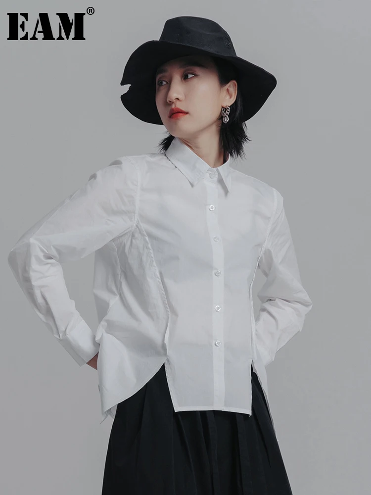 

[EAM] Women White Irregular Big Size Blouse New Lapel Long Sleeve Loose Fit Shirt Fashion Tide Spring Autumn 2022 1DE6586