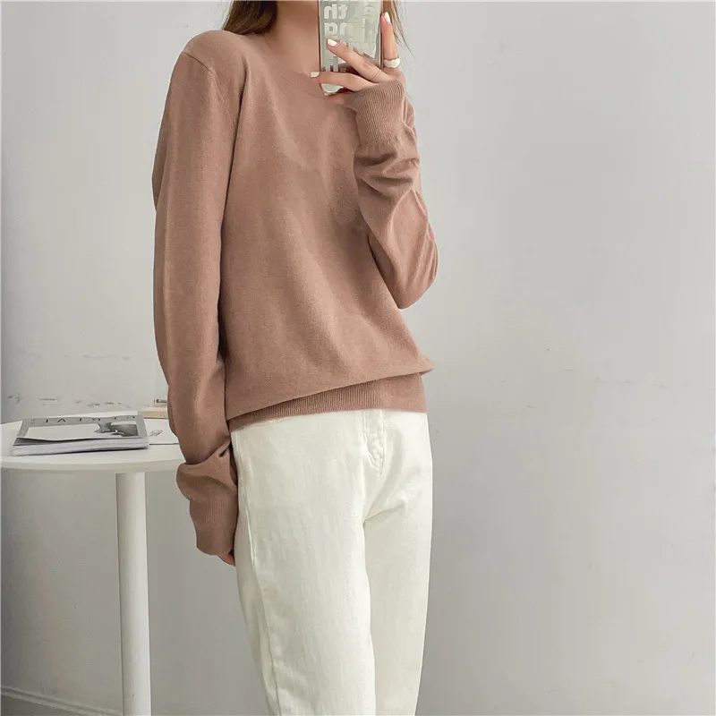 

Fine Knit Crew Neck Sweater Women Basic Loose Pullover Jumper Spring
