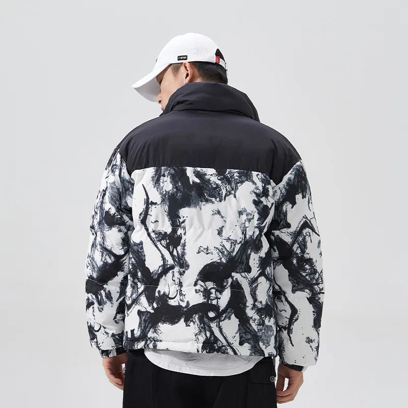 Couple winter Coat Men's Fashion Stitching Printed Stand-collar Cotton Jacket Thick Warm Jacket Short Couple Clothes