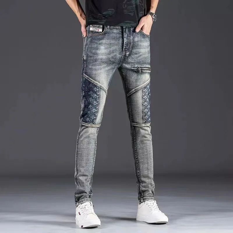 Retro Biker Jeans Men High Street Slim-fit Denim Pants Luxury Men's Clothing Spring/Autumn Streetwear Trousers Trend Men