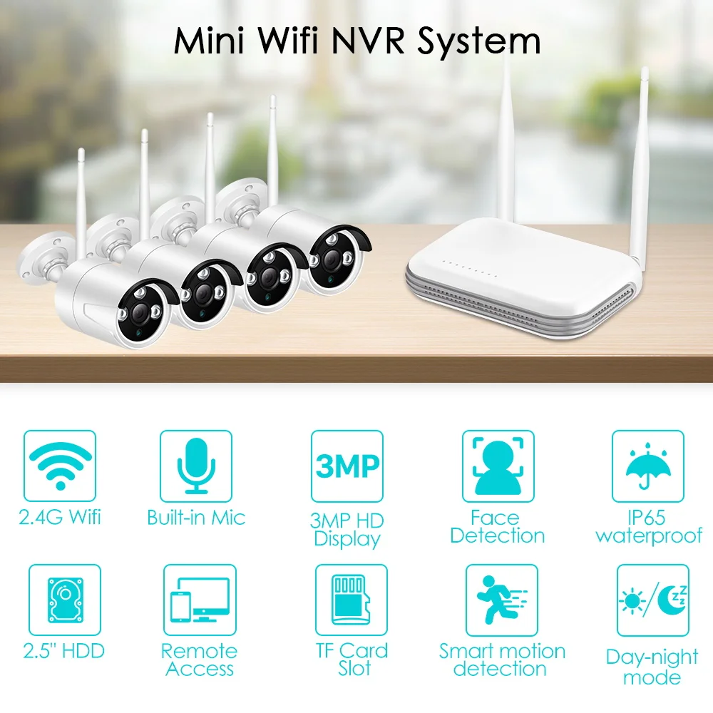 

3MP WiFi IP Camera 8CH Mini NVR CCTV Security Kit Infrared Night Vision Wireless AI Human Detection Outdoor Surveillance Camera