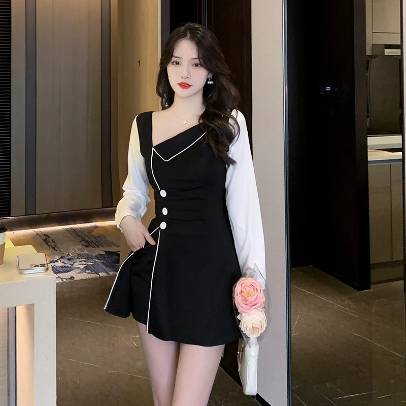 

2022 Autumn New Fashion Slim Fit Temperament All-Match Suit Black and White Patchwork Dress and Shorts Irregular 2pcs Set