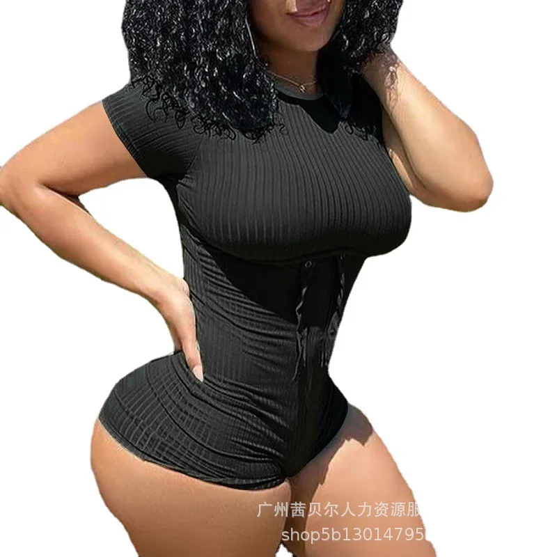 Women's Playsuits Summer Sexy Solid Color Slim Playsuits Women's Fashion High Waist Short Sleeve Round Neck Straight Playsuits