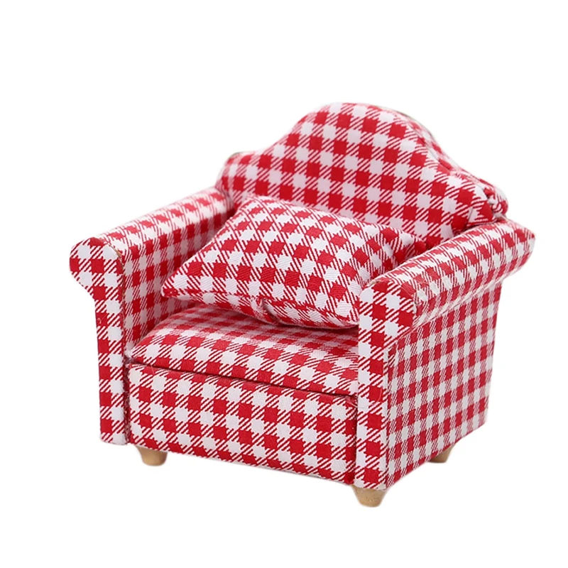 

1/12 European Pastoral Red And White Lattice With Cushionsdollhouse Sofa - Mini House Accessories Decoration