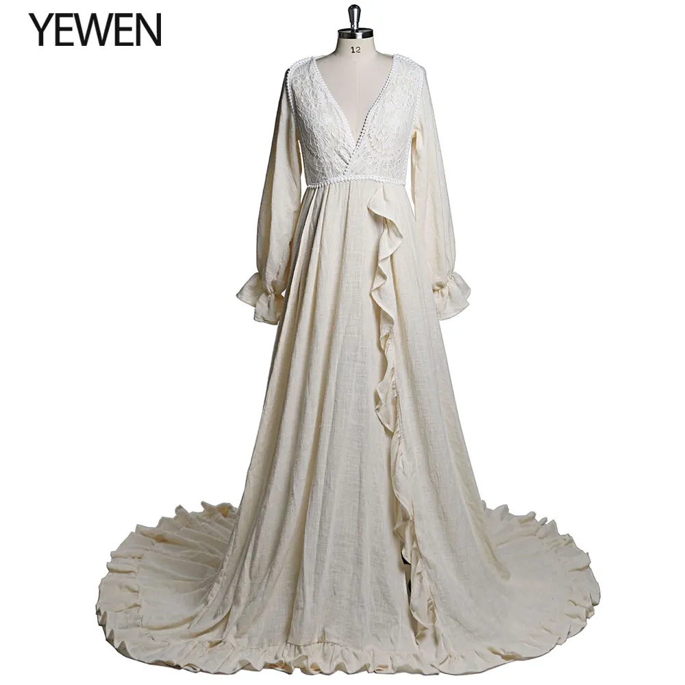 

V Neck Cotton Maternity Woman Dresses Long Sleeves Side Slit Photo Shoot Dresses for Baby Shower Photography Props YEWEN YD21828
