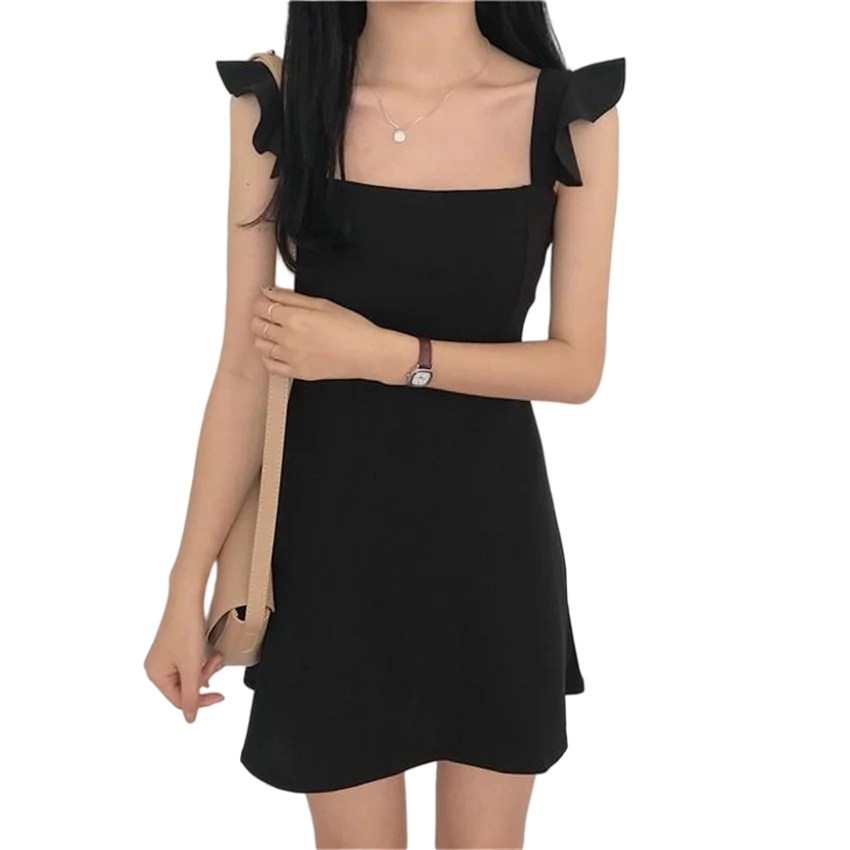 Женское мини-платье без рукавов с открытыми плечами и оборками