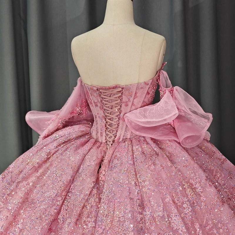Розовые иллюзионные блестящие платья Quinceanera бальное платье с открытыми плечами