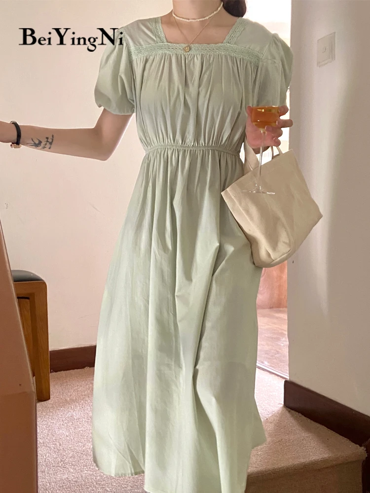 

Beiyingni Summer Stylish French Dresses for Women Vintage Lace Patchwork Short Sleeve Slim Waist Midi Dress Girls Kawaii Vestido